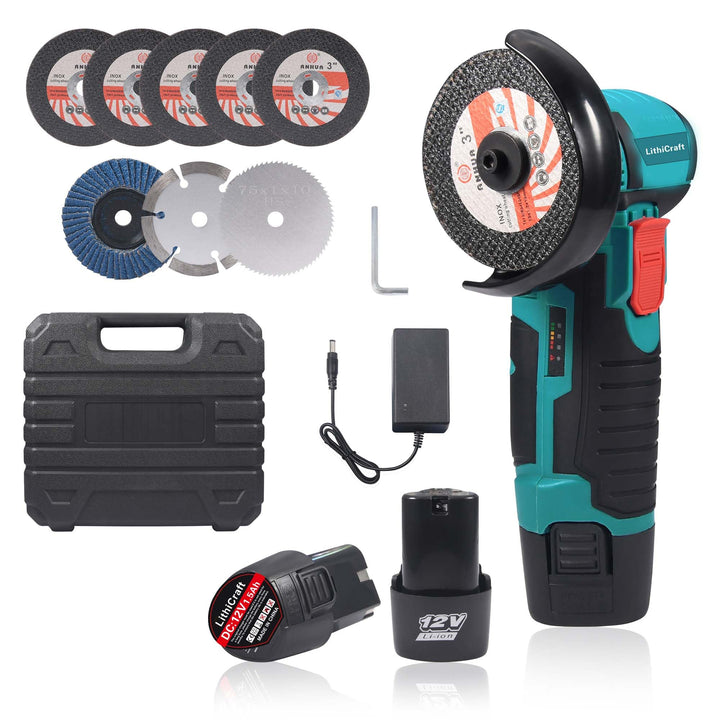 Mini Akku Winkelschleifer 12V, 76mm (3 Zoll) Bürstenloser Trennschleifer mit 2x 1500mAh Akku & 8 Sch