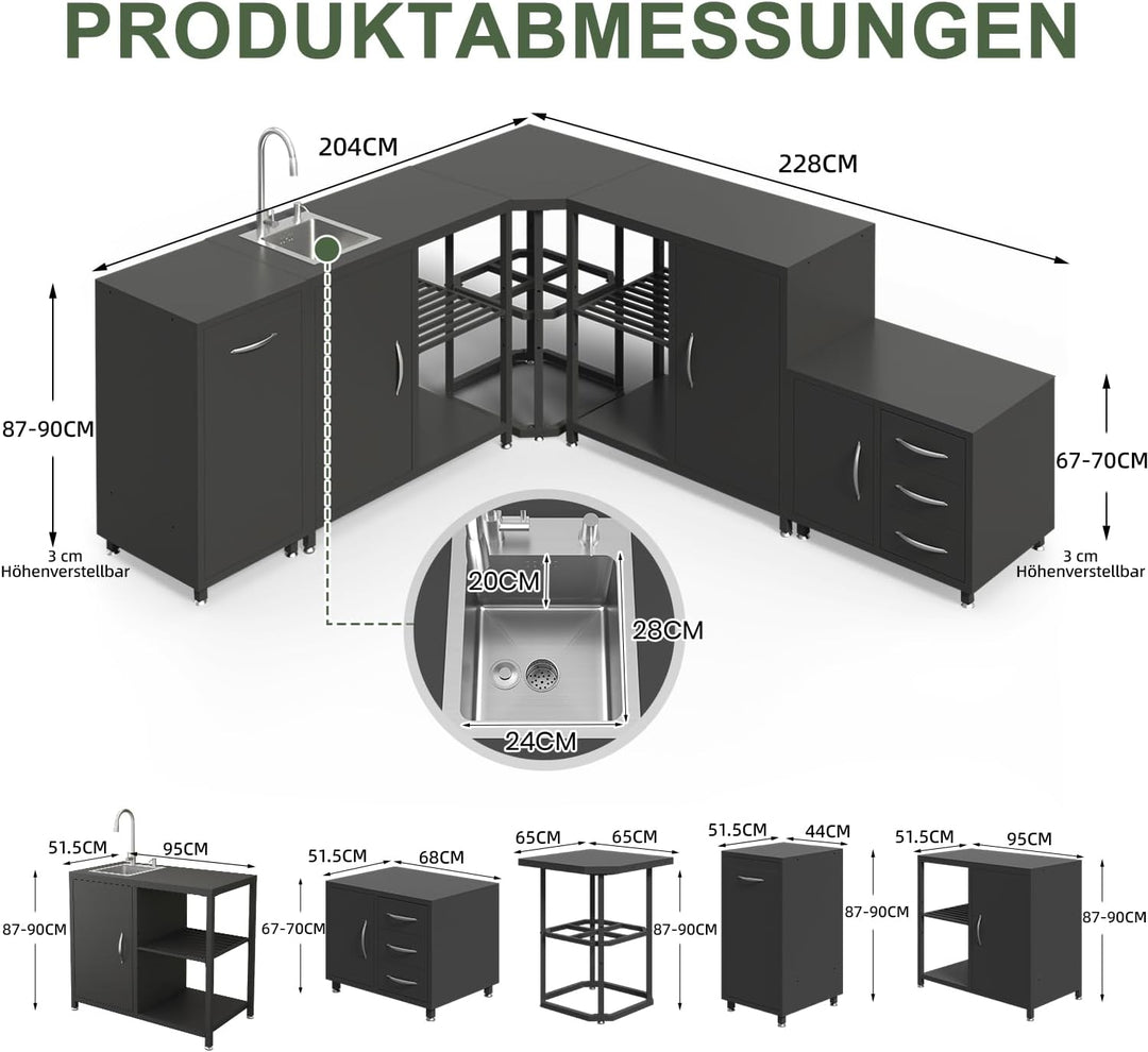 Eck-Tisch für Aussenküchen, Vielseitig Tisch mit Höhenverstellbares Regal, Küche Arbeitstisch mit Ve