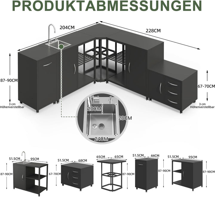 Eck-Tisch für Aussenküchen, Vielseitig Tisch mit Höhenverstellbares Regal, Küche Arbeitstisch mit Ve