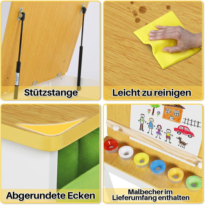 ROCSUMOO Kinder-Kunsttisch-Set mit 2 Stühlen - Holzerner Aktivitätstisch für Kleinkinder mit Verstel
