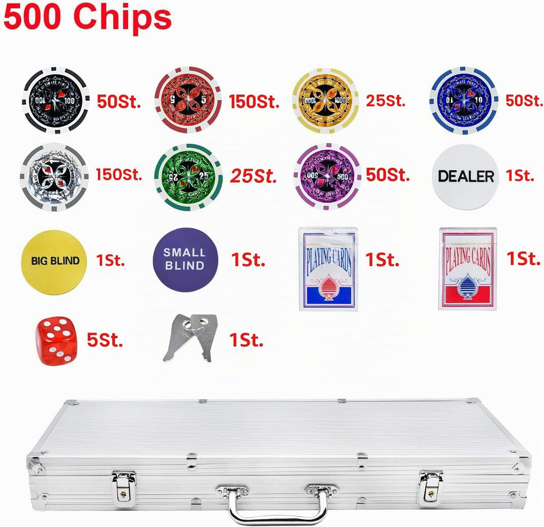 LARS360 Pokerkoffer mit 500 Laser Pokerchips, 11,5g Abschliessbar Pokerkarten Zubehör Deluxe Pokerse