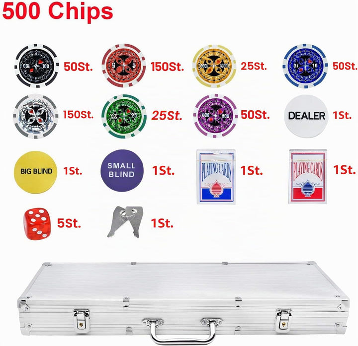 LARS360 Pokerkoffer mit 500 Laser Pokerchips, 11,5g Abschliessbar Pokerkarten Zubehör Deluxe Pokerse