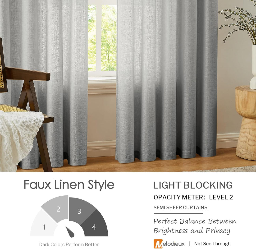 Melodieux Gardinen Grau Transparent Leinen Optik Vorhänge Kurz mit Ösen für Wohnzimmer Schlafzimmer,