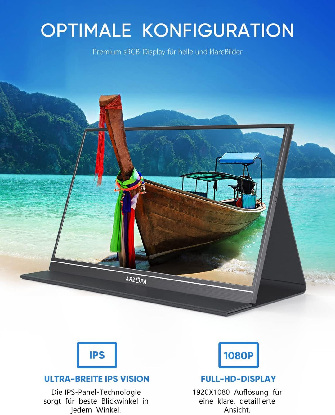 ARZOPA Portable Monitor, 15.6 Zoll Tragbarer Monitor, 1920x1080 Full HD, 100% SRGB IPS Externer Mobi