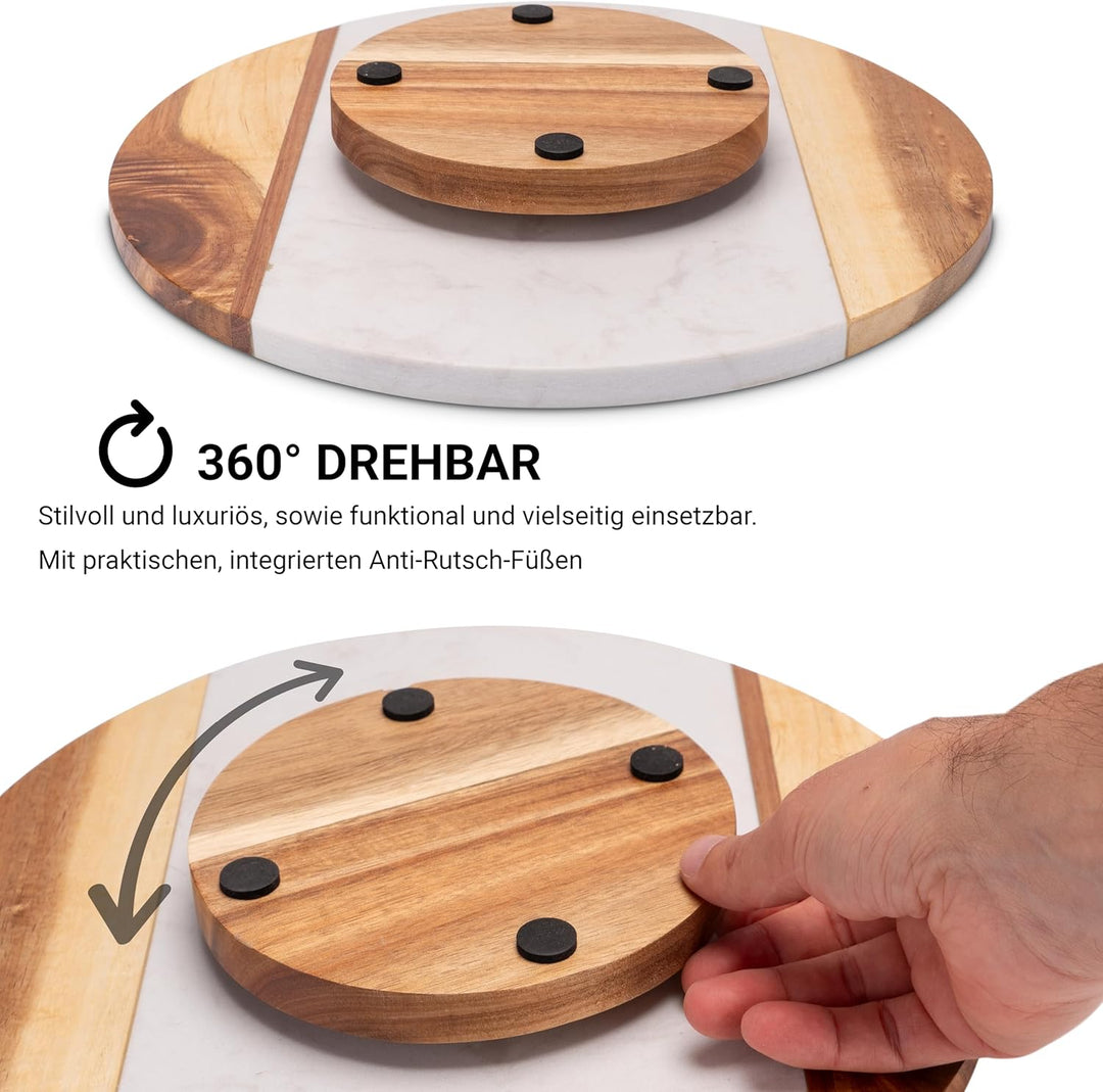 Fino Casa drehbare Marmorplatte mit Akazienholz rund Tortenplatte Küchen Organizer Käseplatte Die Ma