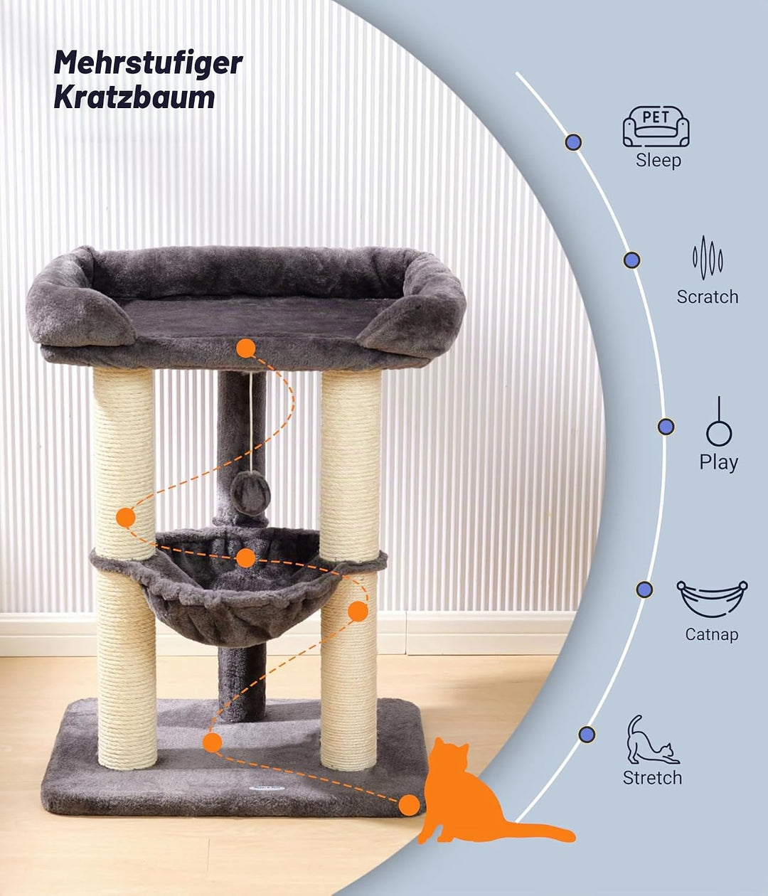 Happi N Pets 71 cm Kratzbaum für Katzen, Hoher Kratzstamm mit grossem Bett für grosse Katzen, Sisal-