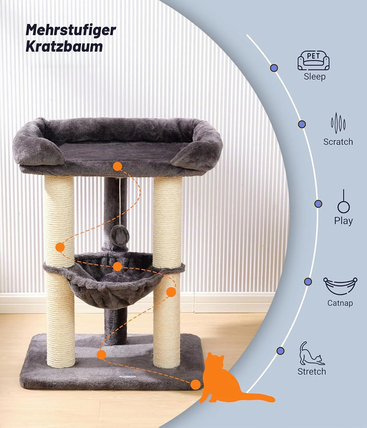 Happi N Pets 71 cm Kratzbaum für Katzen, Hoher Kratzstamm mit grossem Bett für grosse Katzen, Sisal-