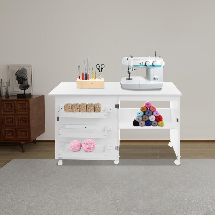 Nähtisch klappbar, Nähschrank Holz mit 3 Aufbewahrungsboxen &amp; Regal, magnetische Tür, 5 Rollen (3 mi