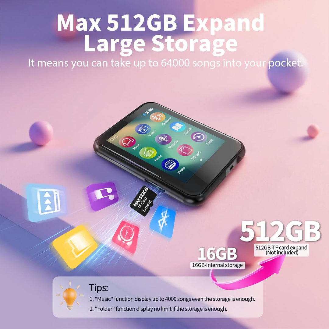 64 GB MP3-Player mit Bluetooth 5.3, QNGEE 2,4-Zoll-Full-Touchscreen-Musik-MP3 für Kinder, FM-Radio,
