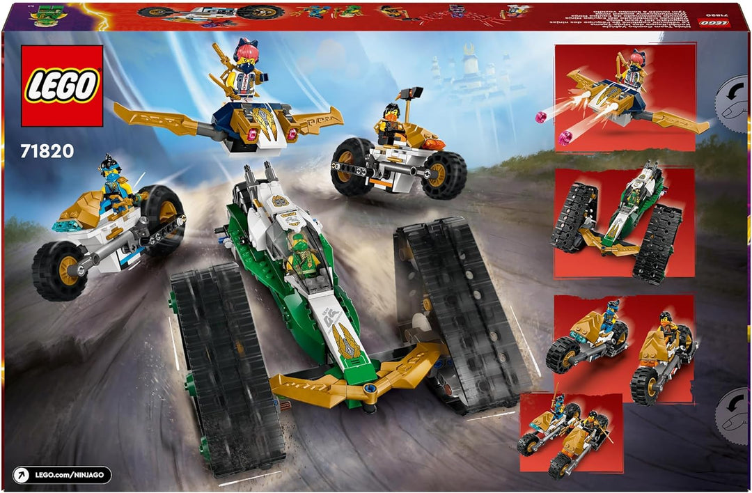 LEGO NINJAGO Kombi-Raupe des Ninja-Teams, 4-in-1-Set mit Gleiter, Rennauto und 2 Motorrädern und 6 M