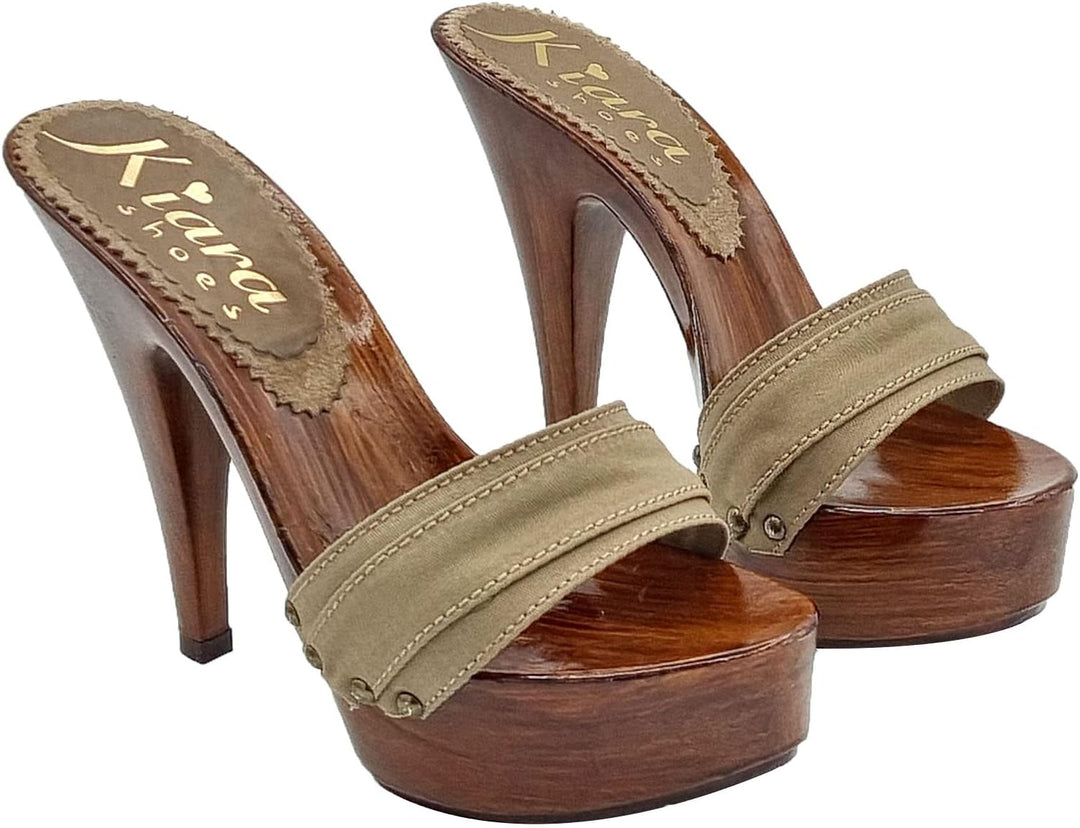 Kiara Shoes Damenclog mit hohem Absatz- Obermaterial aus Stoff - K9201 Taupe (41 EU, Taupe) 41 EU Ta