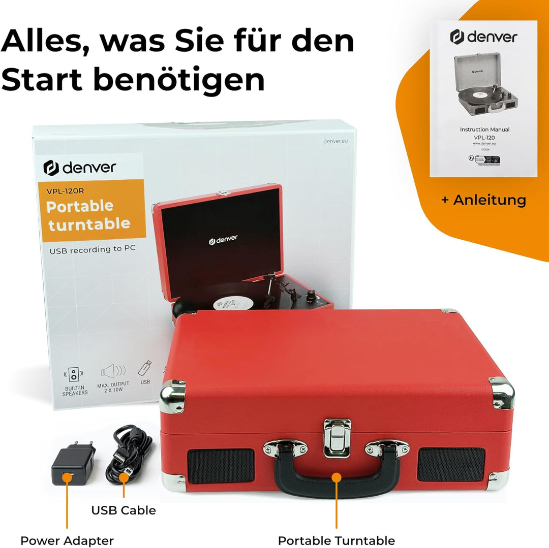 Denver VPL120 Plattenspieler mit Eingebauten Lautsprechern, Tragbaren Schallplattenspieler mit Aux E