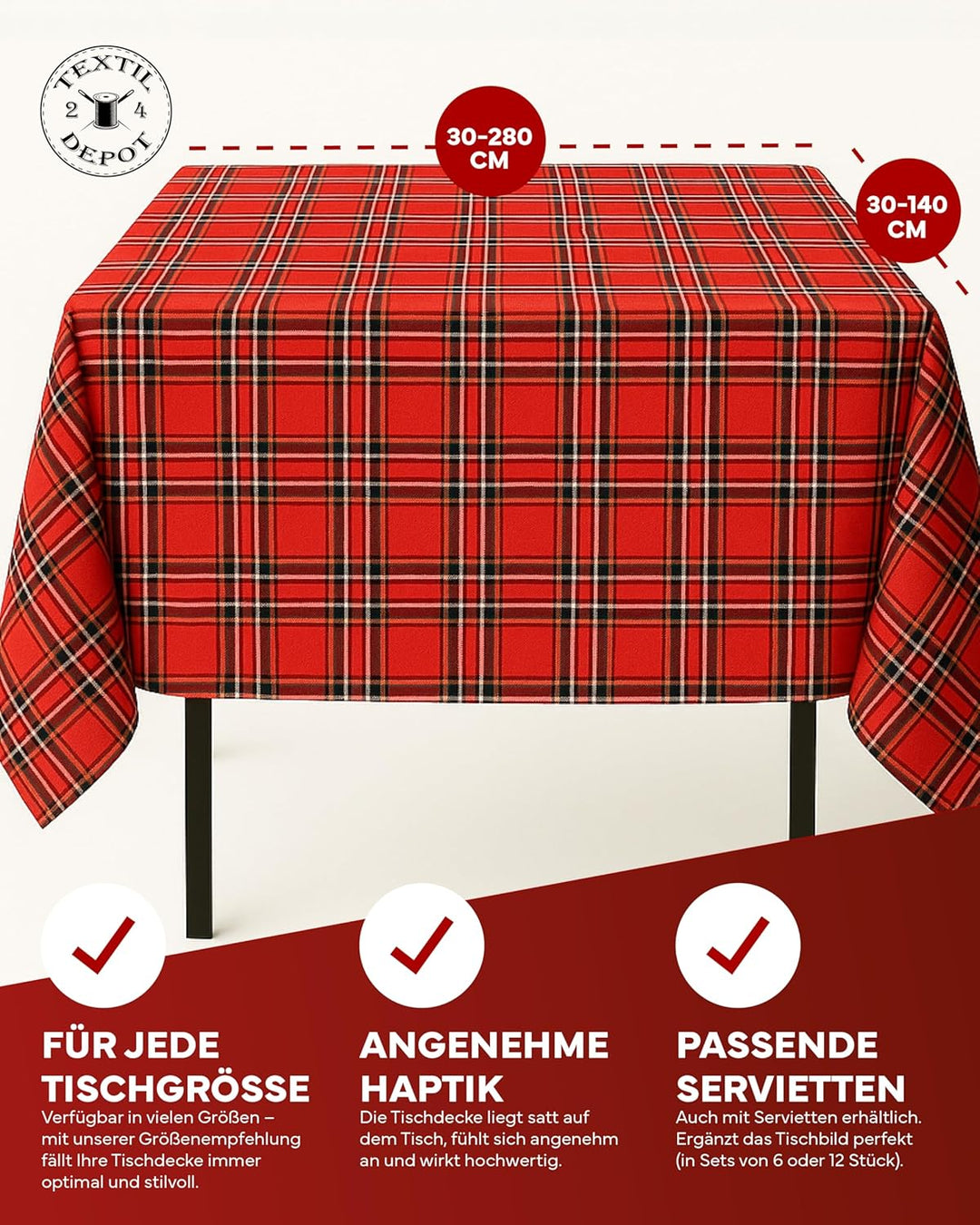 texpot 12 Stück Servietten 50 x 50 cm im Schottenkaro rot Tartan kariert 100% Polyester