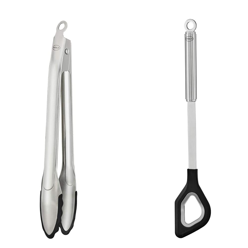 RÖSLE Gourmetzange Silikon, 30 cm & Kochlöffel mit Loch Silikon, Hochwertiger Rührlöffel mit Silikon