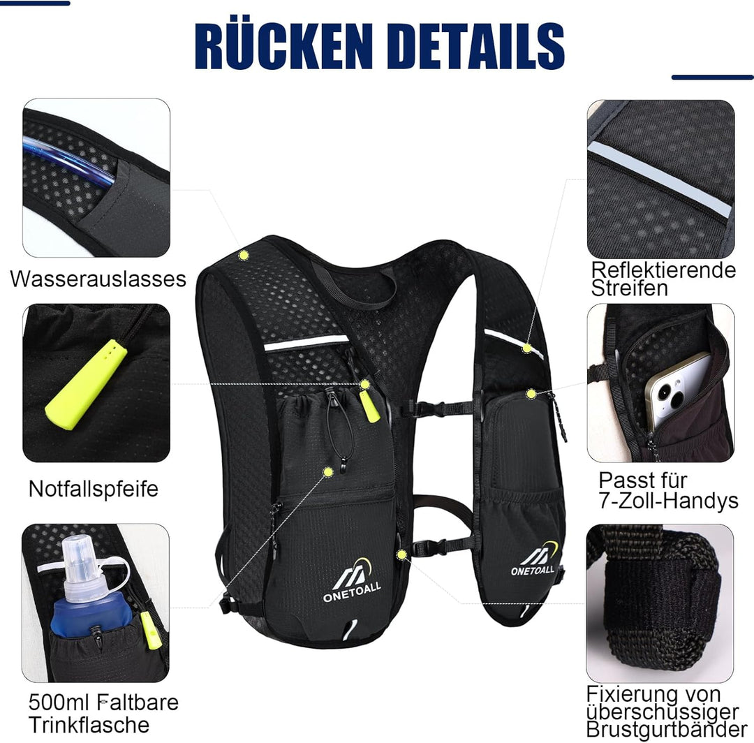 Laufweste Damen mit 500ml Trinkflasche/2L Trinkblase, Leichter Trinkrucksack Laufen Herren 6L, Runin