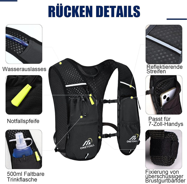 Laufweste Damen mit 500ml Trinkflasche/2L Trinkblase, Leichter Trinkrucksack Laufen Herren 6L, Runin