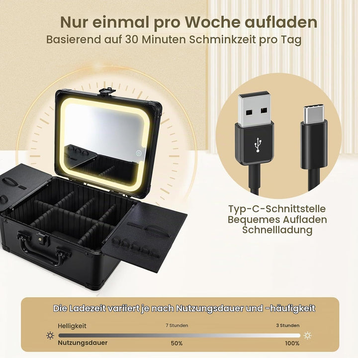 Make-up-Koffer mit beleuchtetem Magnetspiegel, Make up Koffer, Kosmetikkoffer mit 3-Farben-LED-Spieg