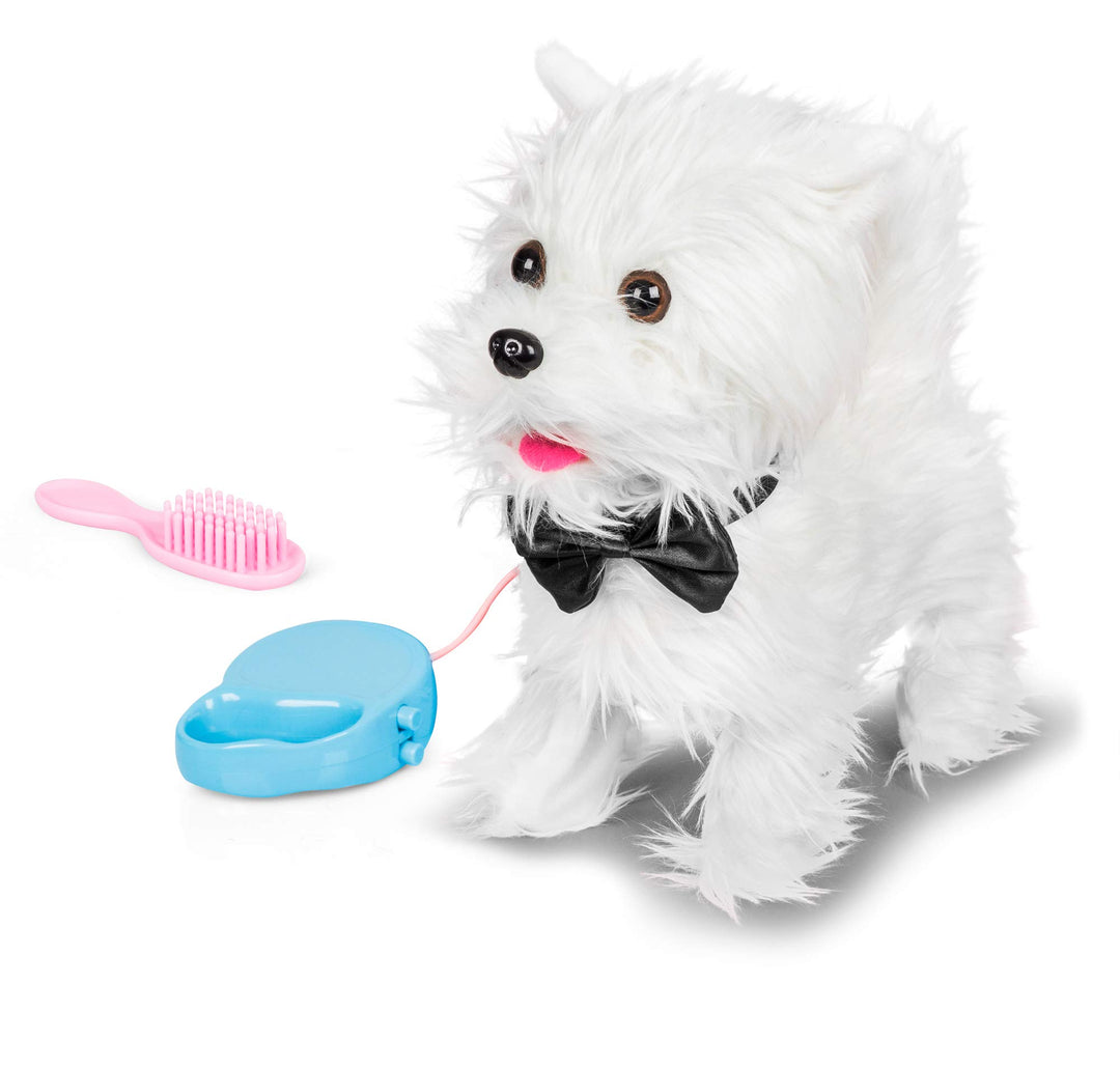 Animigos 37178 Walking Westie, süsser weisser Plüschhund, ca. 22 cm gross, kann laufen und bellen, m