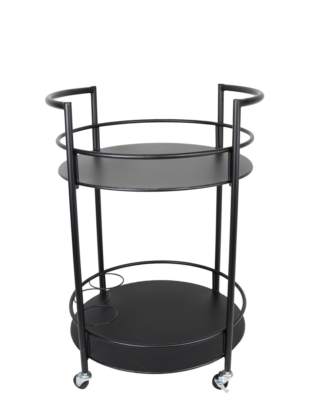 FRANK FLECHTWAREN Servierwagen Bar, runde Form, schwarz lackiertes Metall, Zwei Ablageflächen, DREI
