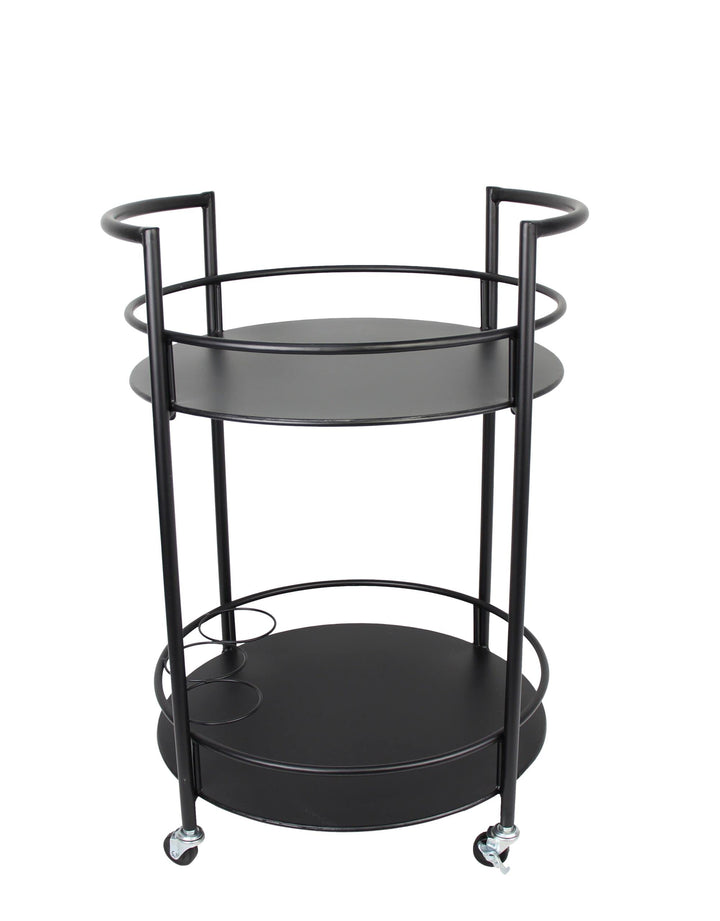 FRANK FLECHTWAREN Servierwagen Bar, runde Form, schwarz lackiertes Metall, Zwei Ablageflächen, DREI