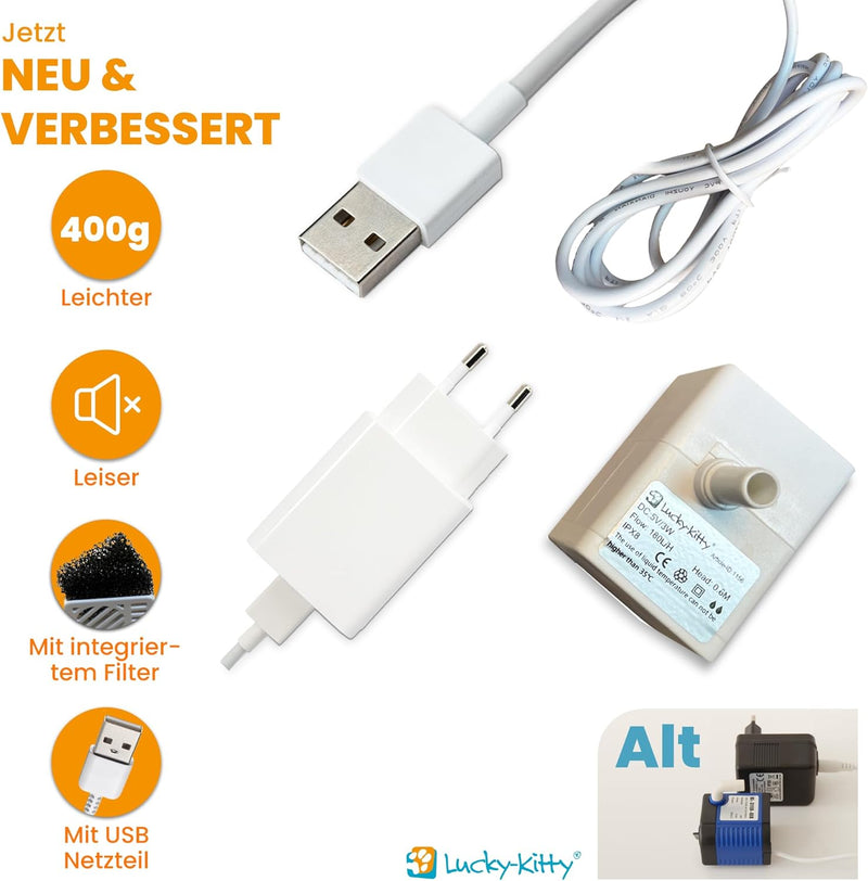 Lucky-Kitty Mikro-Pumpe USB für Katzenbrunnen | NEU 2024 | Geräuscharm und Energiesparend | Dauerbet