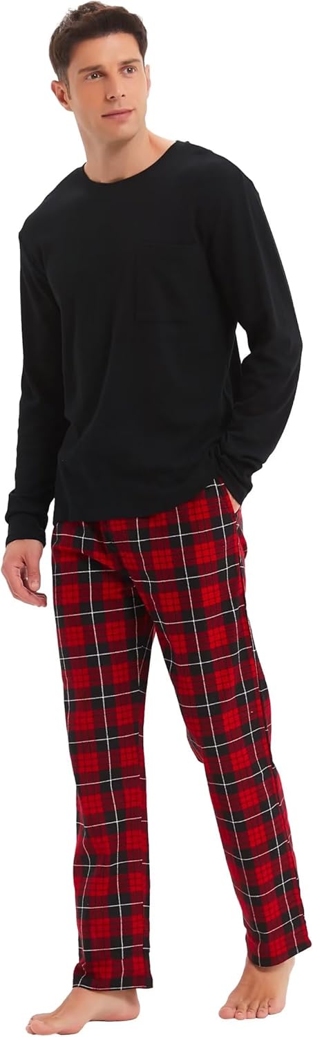 GLOBAL Herren Schlafanzüge Flanell Herren Pyjama Set Baumwolle Langarm-Pullover Oberteil und elastis
