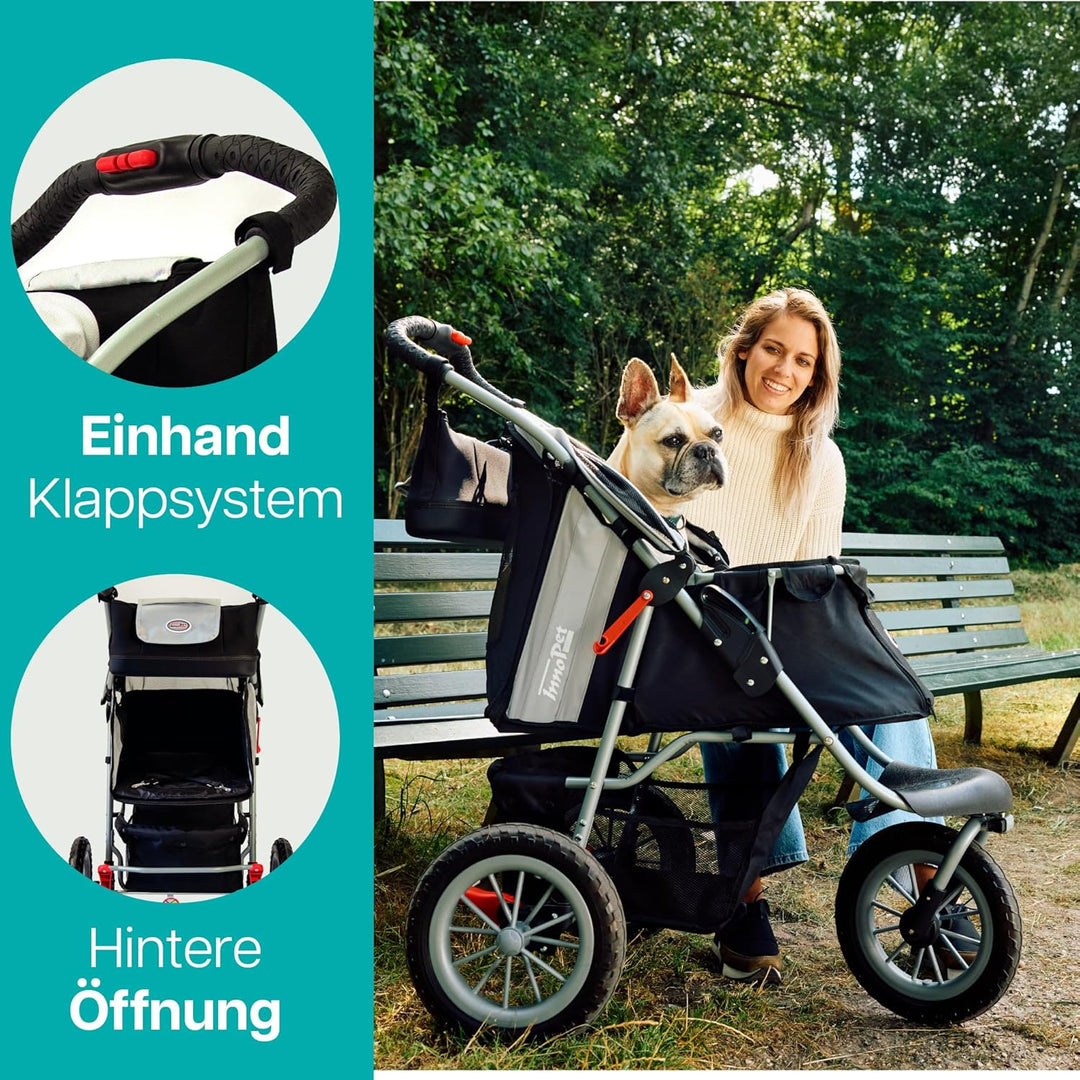 Innopet Hundebuggy Comfort Efa Eco Schwarz/Silber - Einhändig faltbarer Hunde- & Katzenwagen mit pan