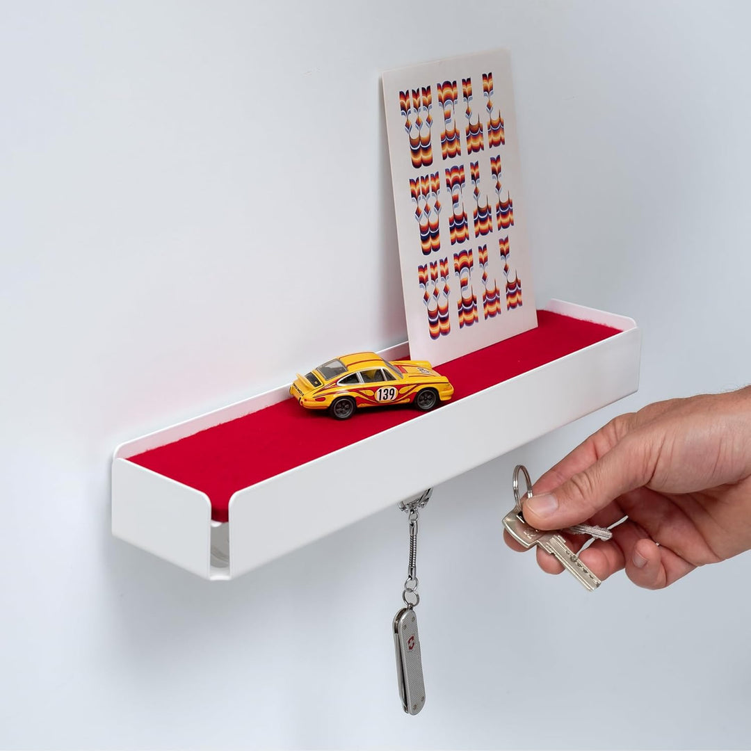 KEY-BOX - Weiss/Filz rot. Schlüsselbrett mit Ablage für den Flur, Schmuckorganizer für dein Bad oder