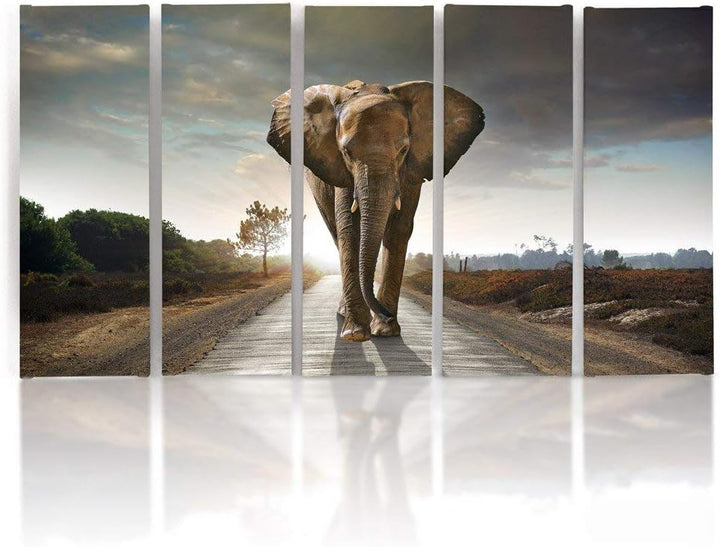 Feeby Frames, Leinwandbild Bilder Wand Bild - 5 Teile - Wandbilder Kunstdruck (Elefant, BRAUN) 200x1