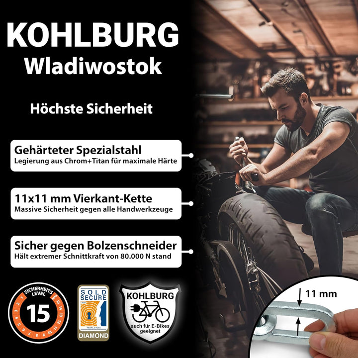 KOHLBURG massives Kettenschloss 85cm lang [Bolzenschneider-sicher] mit höchstem Level 15 - Schloss f