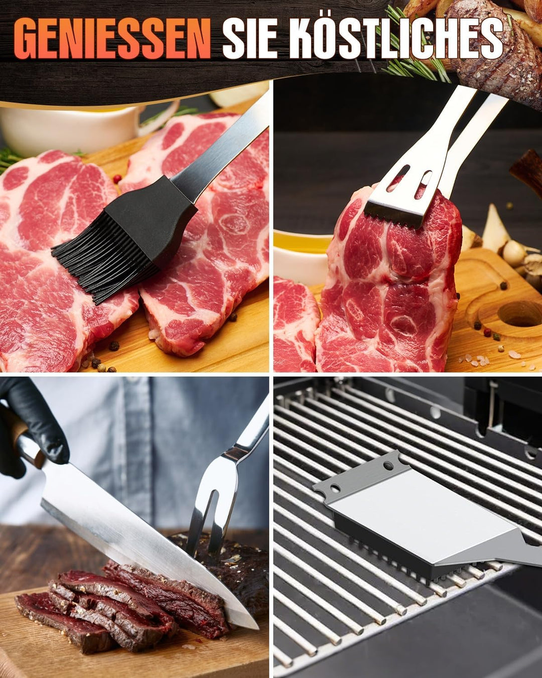 Grillbesteck Set, 6-teilig Edelstahl Grill Zubehör mit Tragetasche, Umfassendes Grillbesteck für das