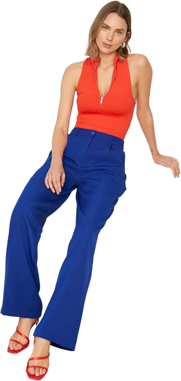 TRENDYOL Damen Herren Basic Hoher Bund Wide Leg Hose Pants 32W Blau, 32W Blau