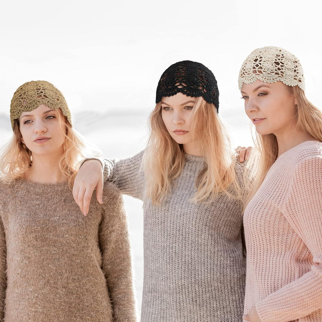 3 Stück Damen Häkelmütze Slouchy Beanie Mütze Handmade Knit Cutout Frauen Floral Skull Cap Dehnbare