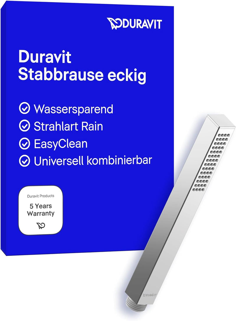 Duravit wassersparende Stabbrause, Duschkopf mit Strahlart Rain, Duschbrause eckig, Handbrause mit w