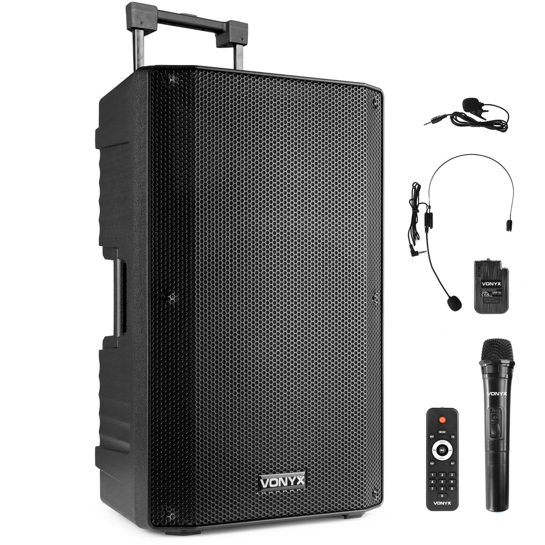 Vonyx VSA500-BP Partybox Bluetooth Lautsprecher Gross, 800 Watt, Akku 8 Std. Headset mit Ansteckmikr