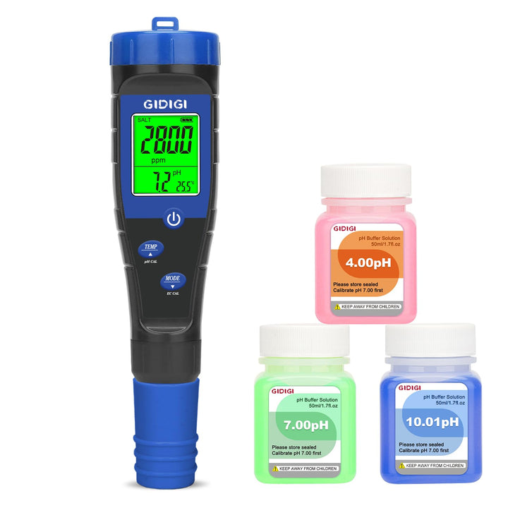 pH Messgerät Salztester für Pool,Digitales 5-in-1 pH TDS EC Salzgehaltmessgerät mit Kalibrierungslös