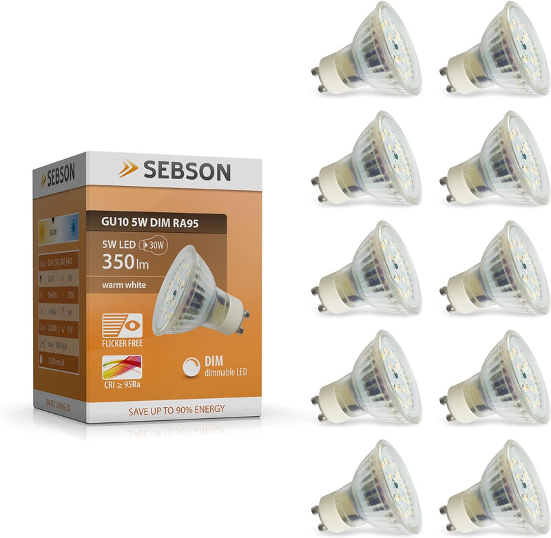 SEBSON® Ra 95 Serie + flimmerfrei, GU10 LED Lampe 5W dimmbar warmweiss, ersetzt 30W, 350lm, 3000K, 2