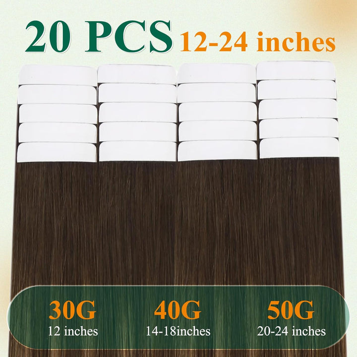 Easyouth Adhesive on Extension Haar Extensions Tape Echthaar 24 Zoll 50g Farbe Dunkelbraune Mischung