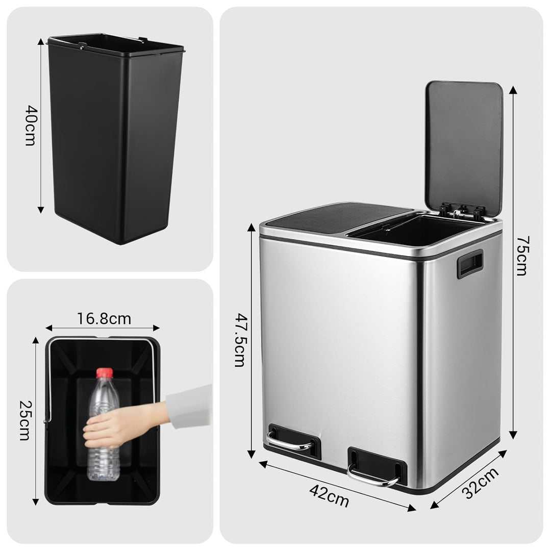 LIFERUN Mülleimer 2 Fächer, 2 x 15 Liter Abfalleimer Küche aus Metall, Softclose Deckel, Inneneimer