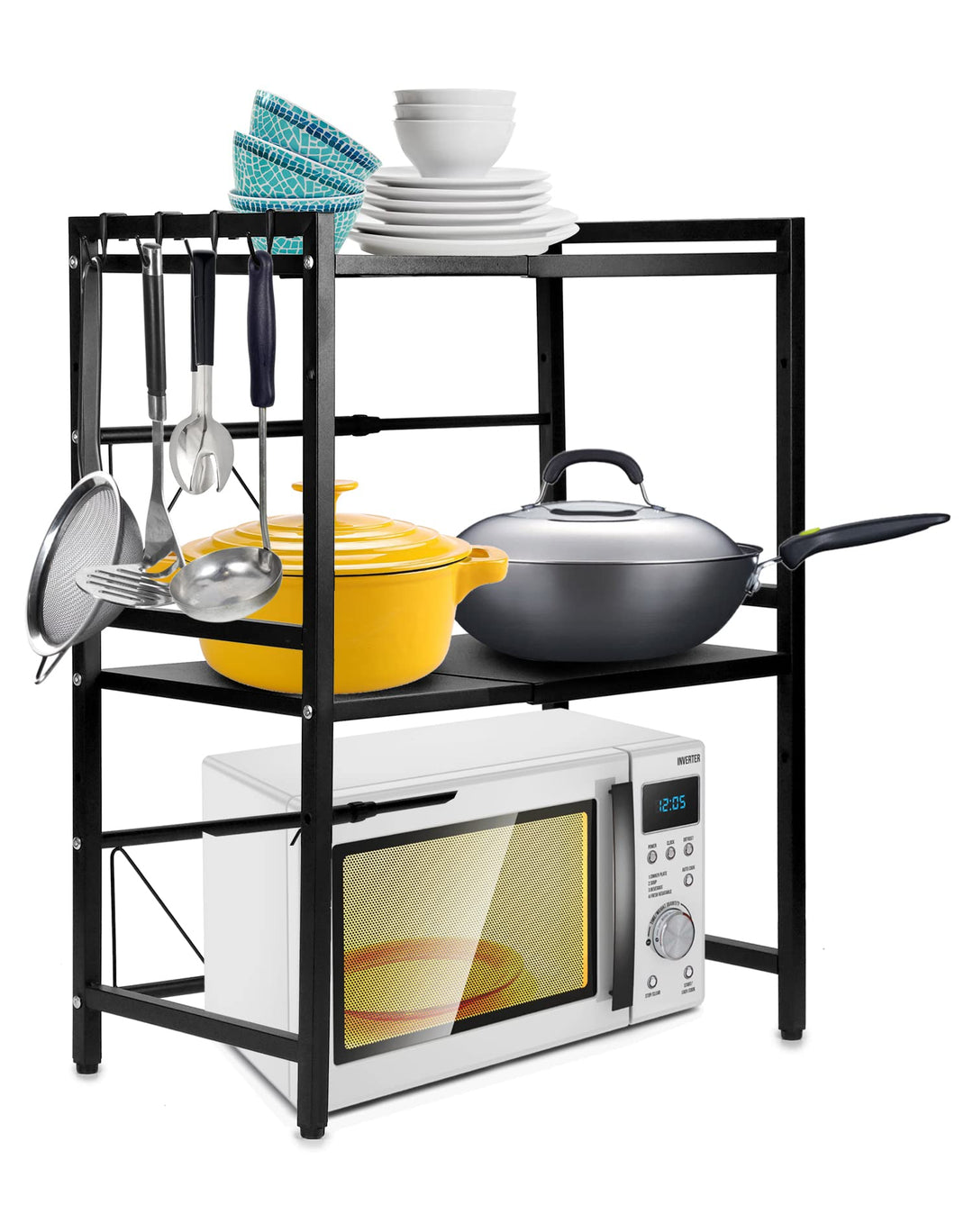 QWORK 2 Stufiges Mikrowellen Regal Ausziehbar, mikrowellen Regal, Mikrowellenständer, mit 4 Haken, S