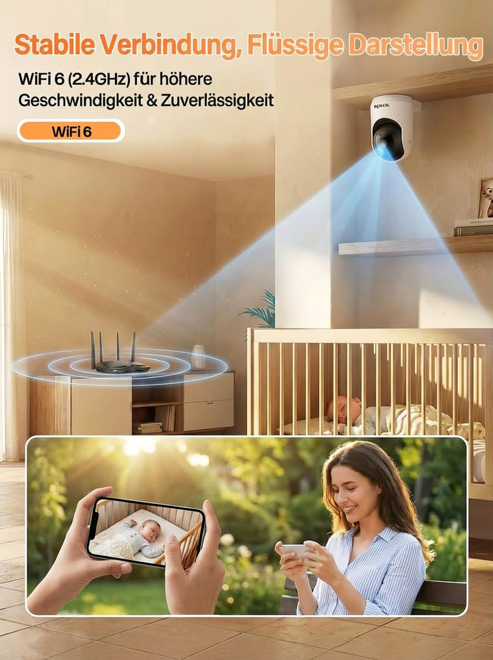 Tenda 3MP WLAN Innenkamera Überwachung, Haustierkamera mit 2-Wege-Audio, Nachtsicht 12M, Bewegungs-P