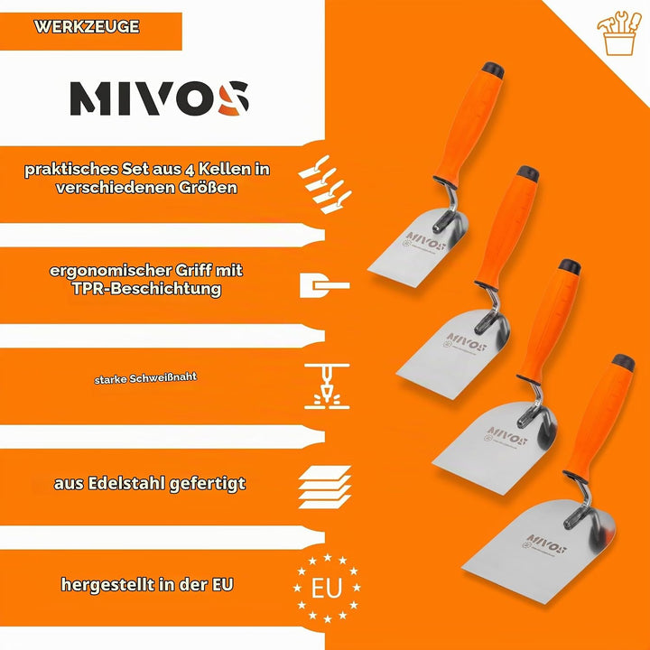 Mivos Stukateurkellen-Set 4-teilig - 60 mm 80 mm 100 mm 120 mm - Edelstahl Meurerkellen - Rostfreie