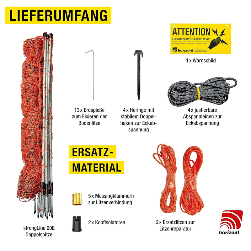 horizont strongLine Schafzaun 50m, 90cm hoch -14 Fiberglaspfähle Schafnetz mit Doppelspitze - mit St