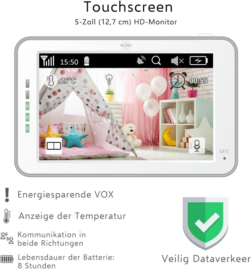 ELRO BC4000 Baby Monitor Royale Full HD Babyfon mit 12,7 cm Touchscreen und App 1080P / 4000 serie 1