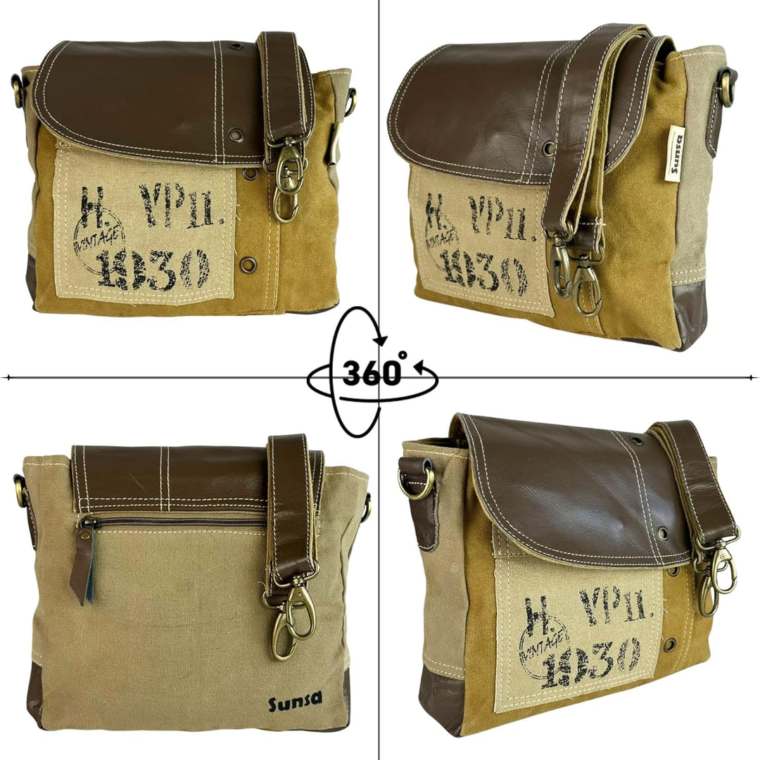 Sunsa Vintage Umhängetasche. Kleine Tasche aus Canvas & Leder. Nachhaltige Messenger Bag. Geschenk I