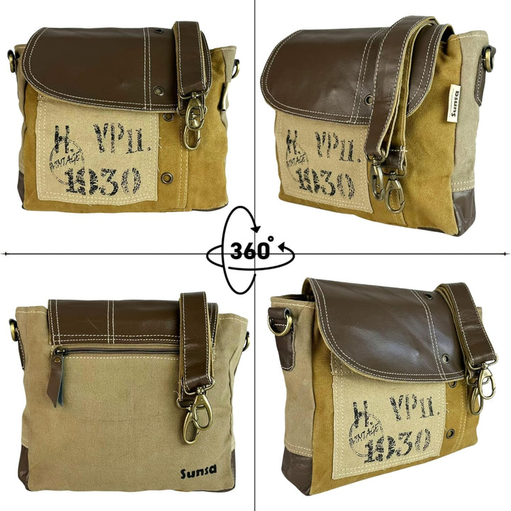 Sunsa Vintage Umhängetasche. Kleine Tasche aus Canvas & Leder. Nachhaltige Messenger Bag. Geschenk I