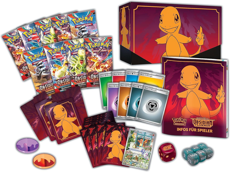 Pokémon-Sammelkartenspiel: Top-Trainer-Box Karmesin & Purpur – Obsidianflammen (9 Boosterpacks, 1 ho