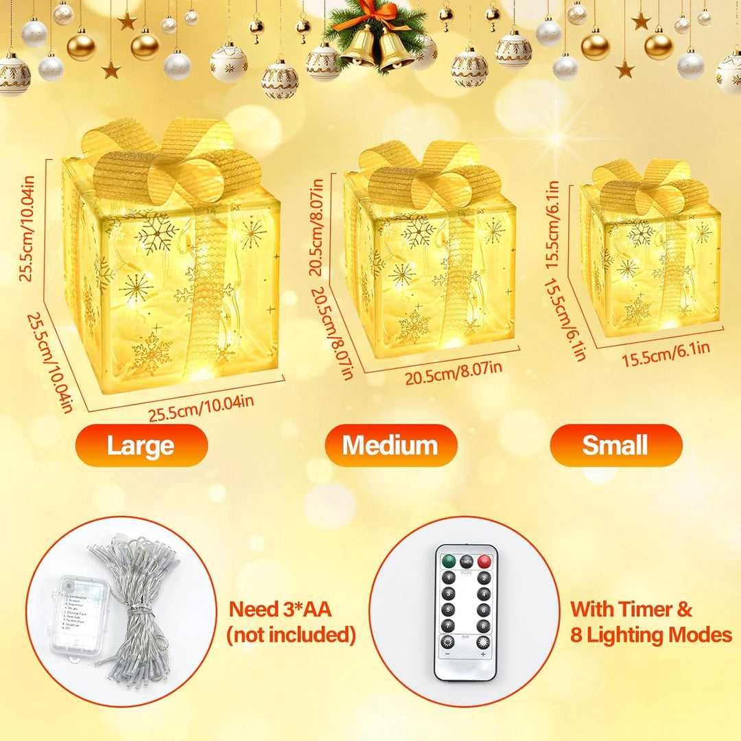 3 Stück Weihnachtsdeko LED Geschenkbox Set Beleuchtet mit Timer Fernbedienung Warmweiss Licht Gesche