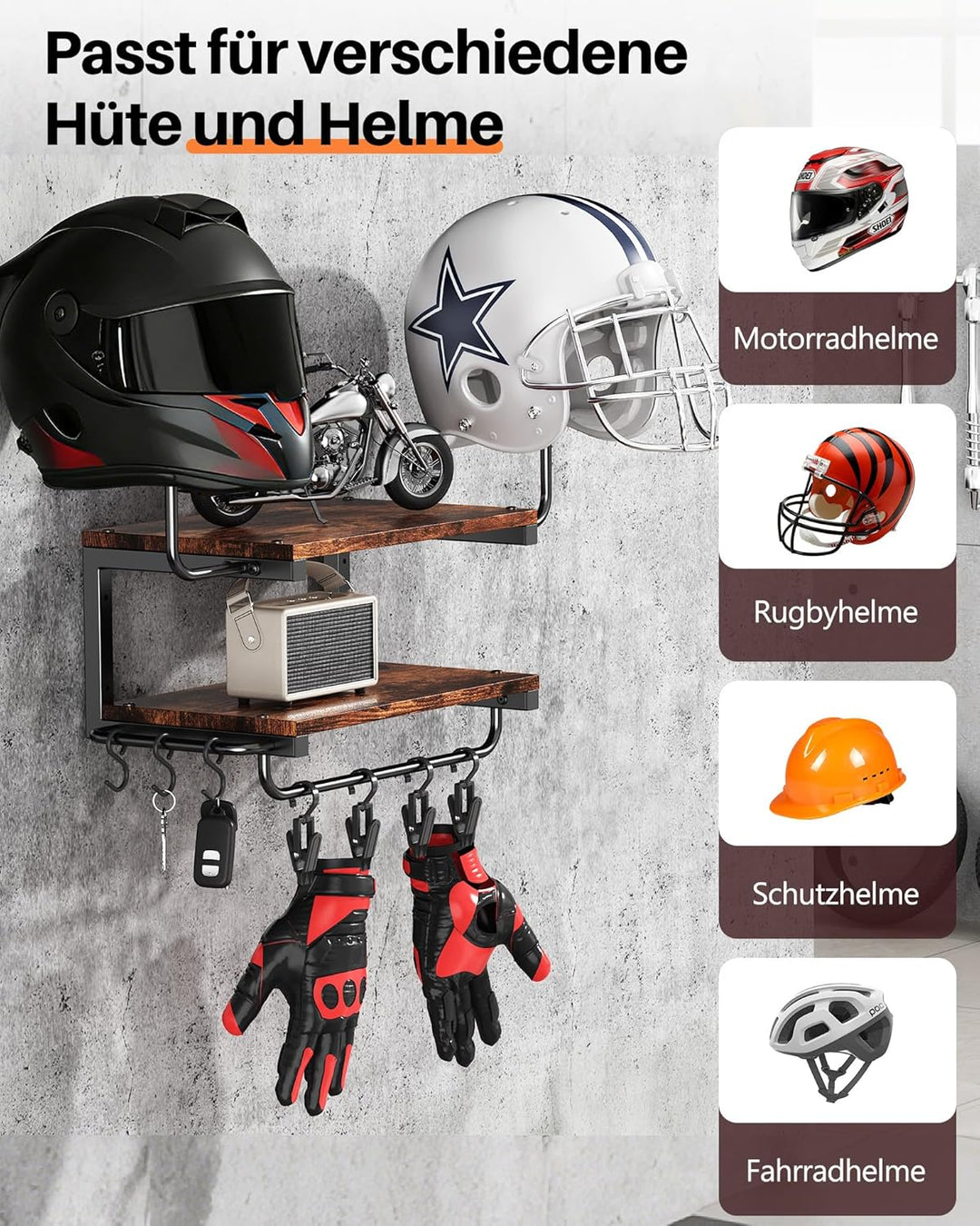 Motorradhelm Halterung Wand für 2 Helme, Motorrad Garderobe Wand mit Kleiderbügel und Haken, 30 kg T