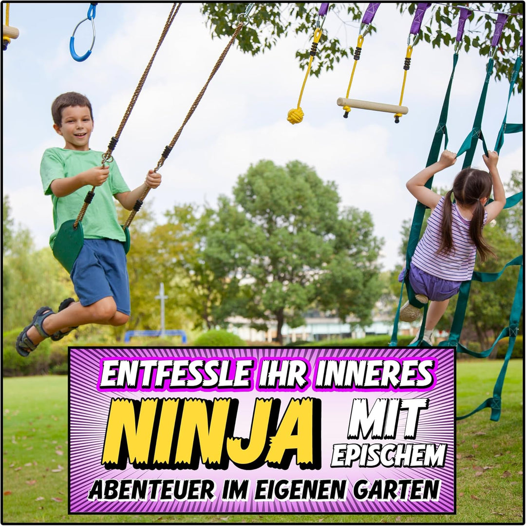 Ninja Warrior Obstacle Course for Kids Workout Equipment, 2 x 55ft Slacklines with 10 Weatherproof &